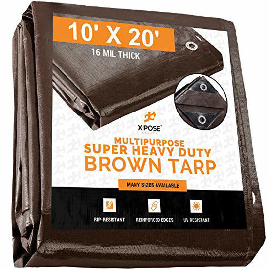 Picture of 10' x 20' Super Heavy Duty 16 Mil Brown Poly Tarp Cover - Thick Waterproof, UV Resistant, Rot, Rip and Tear Proof Tarpaulin with Grommets and Reinforced Edges - by Xpose Safety