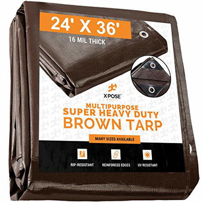 Picture of 24' x 36' Super Heavy Duty 16 Mil Brown Poly Tarp Cover - Thick Waterproof, UV Resistant, Rot, Rip and Tear Proof Tarpaulin with Grommets and Reinforced Edges - by Xpose Safety
