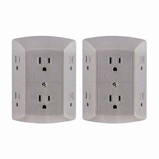 Picture of GE 47877-P1 6 Outlet Wall Plug Adapter Power Strip, 2 Pack, Extra Wide Spaced, 3 Prong, Quick & Easy Install, Gray, 47877