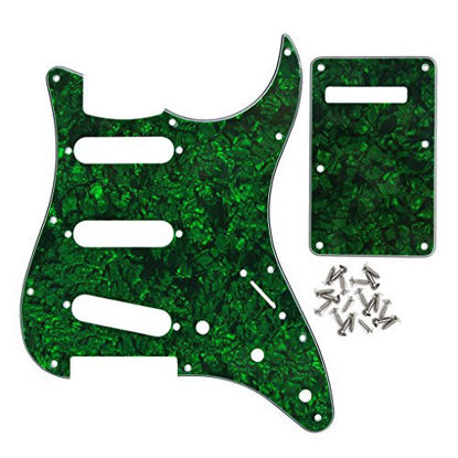 Picture of IKN SSS 11 Hole Strat Guitar Pickguard Tremolo Cavity Cover Backplate with Screws for Fender USA/Mexican Standard StratGuitar Part, 4Ply Green Pearl