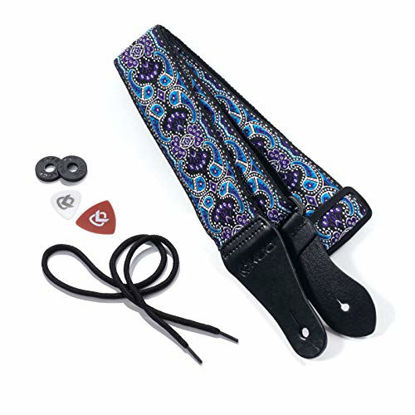 Picture of KLIQ Vintage Woven Guitar Strap for Acoustic and Electric Guitars + 2 Free Rubber Strap Locks, 2 Free Guitar Picks and 1 Free Lace | '60s Jacquard Weave Hootenanny Style | Blue & Violet Paisley