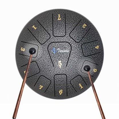 Picture of Steel Tongue Drum, 11 Notes-8 Inch Tambourine Percussion Instrument, Drum with Mallets, Mallet Stand, Tonic Stickers, Travel Bag Fingertip Sheet Music, Suitable for Personal Meditation, Yoga, Zen,Sil