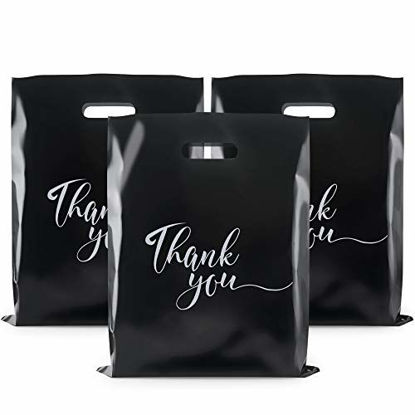 Picture of Rainbows & Lilies 100 Thank You Merchandise Bags 12x15, Die Cut Handles, Retail Shopping Bags for Boutique, Goodie Bags, Gift Bags Bulk, Favors, Extra Thick 2.36 Mil Reusable Plastic Bags (Black)