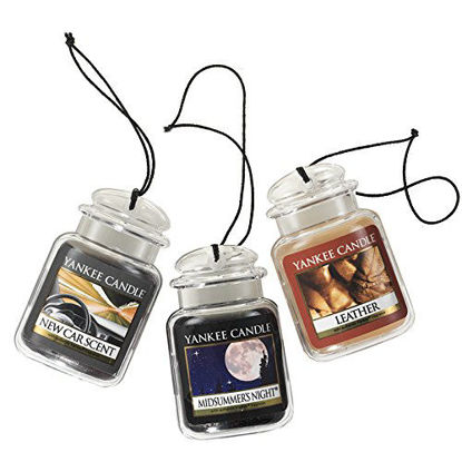 Picture of Yankee Candle Car Jar Ultimate Hanging Air Freshener 3-Pack (Leather, Midsummer's Night, and New Car Scent)