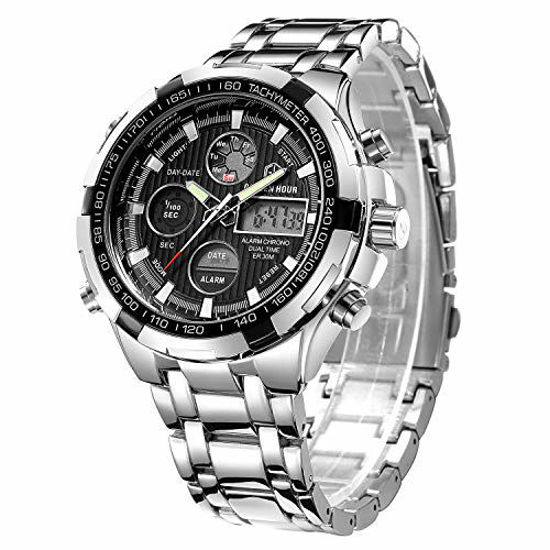 Picture of GOLDEN HOUR Luxury Stainless Steel Analog Digital Watches for Men Male Outdoor Sport Waterproof Big Heavy Wristwatch (Silver Black)