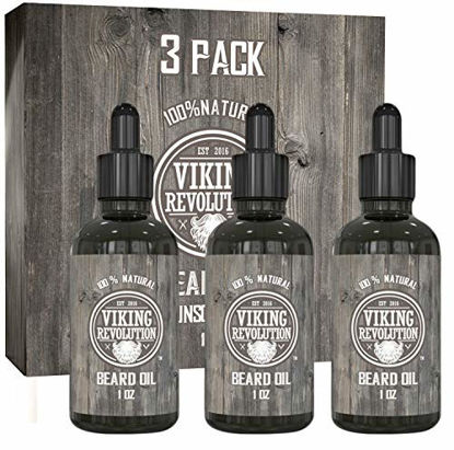 Picture of Viking Revolution Beard Oil Conditioner - All Natural Unscented Organic Argan & Jojoba Oils - Softens, Smooths & Strengthens Beard Growth - Grooming Beard and Mustache Maintenance Treatment, 3 Pack
