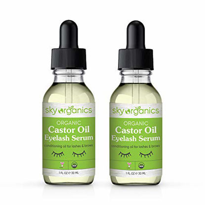 Picture of Organic Castor Oil Eyelash Serum By Sky Organics (1oz x 2 Pack) Cold-Pressed, 100% Pure Castor Oil - Dry Skin, Hair Growth, Eyelashes & Eyebrows growth- Caster Oil Lash Enhancer with Mascara Brushes