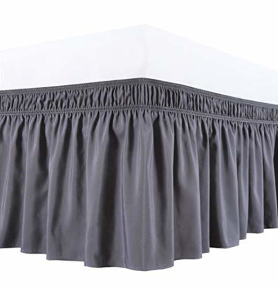 Picture of Biscaynebay Wrap Around Bed Skirts Elastic Dust Ruffles, Easy Fit Wrinkle and Fade Resistant Silky Luxrious Fabric Solid Color, Dark Grey for King and California King Size Beds 21 Inches Drop