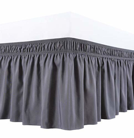 Picture of Biscaynebay Wrap Around Bed Skirts Elastic Dust Ruffles, Easy Fit Wrinkle and Fade Resistant Silky Luxrious Fabric Solid Color, Dark Grey for King and California King Size Beds 21 Inches Drop