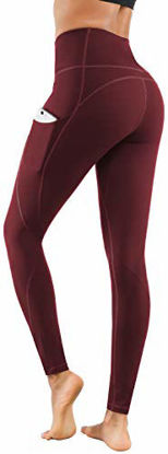 Picture of Lingswallow High Waist Yoga Pants - Yoga Pants with Pockets Tummy Control, 4 Ways Stretch Workout Running Yoga Leggings (Bordeaux red, Large)