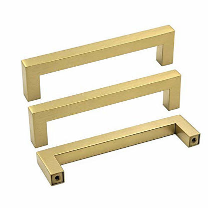 Picture of Brushed Brass Drawer Pulls Kitchen Cabinet Door Handle - Goldenwarm LSJ12GD160 Gold Cabinet Pulls Modern Square Drawer Dresser Knobs Furniture Hardware Cupboard Pulls 6-1/4" Hole Center 30 Pack