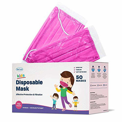 Picture of WeCare Disposable Face Masks For Kids, 50 Pink Face Masks, Individually Wrapped