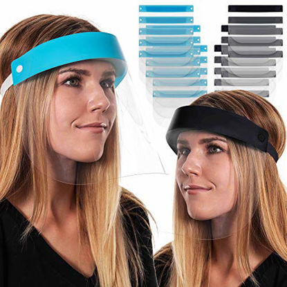 Picture of Salon World Safety Face Shields (100-Black & 100 Blue) - Ultra Clear Protective Full Face Shields to Protect Eyes, Nose and Mouth - Anti-Fog PET Plastic, Elastic Headband - Sanitary Droplet Guard
