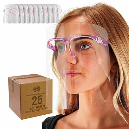 Picture of TCP Global Salon World Safety Face Shields with Pink Glasses Frames (Pack of 25) - Ultra Clear Protective Full Face Shields to Protect Eyes, Nose, Mouth - Anti-Fog PET Plastic, Goggles