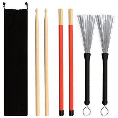 Picture of Petift Drum Sticks Set,1 Pair 5A Maple Wood Drum Sticks,1 Pair Retractable Drum Wire Brushes and 1 Pair Rods Drum Brushes set for Kids, Adults, Rock Band, Jazz Folk Students with Portable Storage Bag