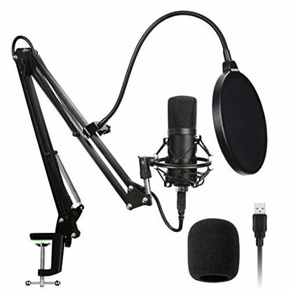 Picture of USB Podcast Condenser Microphone Pro PC Streaming Cardioid Microphone Kit with Boom Arm Shock Mount Pop Filter and Windscreen for Broadcasting Recording YouTube