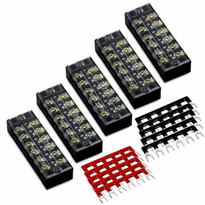 Picture of 15pcs (5 Sets) Terminal Block - 5pcs 6 Positions 600V 25A Dual Row Screw Terminal Strip with Cover + 10pcs 400V 25A 6 Positions Pre-Insulated Terminal Barrier Jumper Strips Black & Red by MILAPEAK