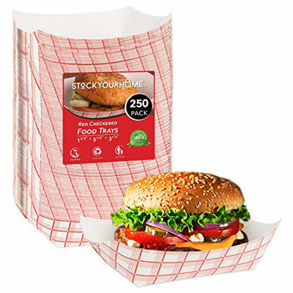 Picture of Paper Food Boats (250 Pack) Disposable Red and White Checkered Paper Food Trays 3 Lb - Eco Friendly Red Paper Food Trays 5.75" x 3" - Serving Boat for Concession Food and Condiments, Paper Food Basket