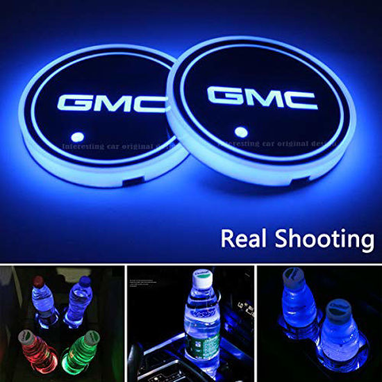 Picture of 2pcs LED Car Cup Holder Lights For GMC, 7 Colors Changing USB Charging Mat Luminescent Cup Pad, LED Interior Atmosphere Lamp