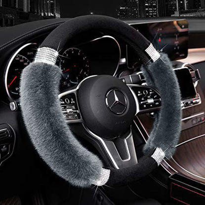 Picture of Achiou Fluffy Steering Wheel Cover for Women, Universal Rhinestone Bling Comfortable Non-Slip Luxurious Faux Wool & Glam Vehicle for Ladies, Girls, 15 Inch