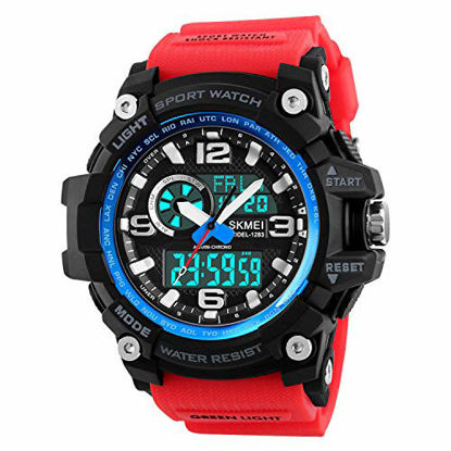 Picture of Mens Analog Digital Watch LED 50M Waterproof Outdoor Sport Watches Military Multifunction Casual Dual Display 12H/24H Stopwatch Calendar Wrist Watch- Red Blue