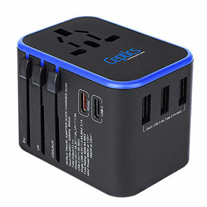 Picture of World International Travel Plug Adapter by Ceptics - Powerful 33.5W with Pd & QC 3.0 Dual USB-C Power - 3 USB Ports Wall Charger Type I C G A Outlets 110V 220V A/C - EU Euro US UK (11-KU)