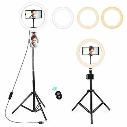 Picture of 10" Ring Light with Stand Tripod & 2 Phone Holders, Dimmable LED Ring Light with Bluetooth Remote, 3 Light Modes & 10 Brightness Level for YouTube Video Live Stream Makeup Photography