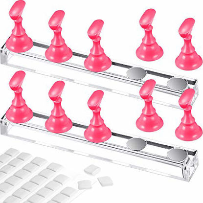 Picture of 2 Set Acrylic Nail Art Practice Stands Magnetic Nail Tips Holders Training Fingernail Display Stands DIY Nail Crystal Holders and 96 Pieces White Reusable Adhesive Putty (Pink)
