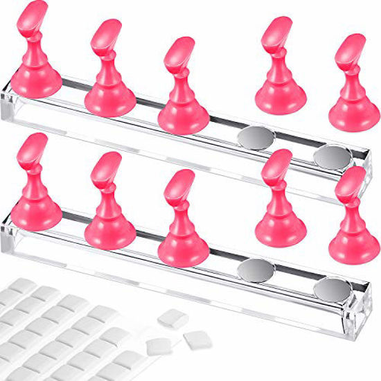 Picture of 2 Set Acrylic Nail Art Practice Stands Magnetic Nail Tips Holders Training Fingernail Display Stands DIY Nail Crystal Holders and 96 Pieces White Reusable Adhesive Putty (Pink)