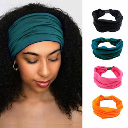 Picture of Woeoe African Headbands Knotted Hairbands Black Stylish Head Wraps Wide Elastic Head Scarf for Women and Girls (Pack of 4) (green,orange,black,pink)