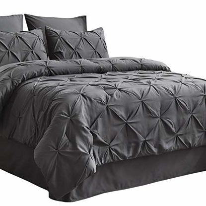 Picture of Bedsure Comforter Set Full/Queen Bed in A Bag Dark-Grey 8 Pieces - 1 Pinch Pleat Comforter(88X88 inches), 2 Pillow Shams, Flat Sheet, Fitted Sheet, Bed Skirt, 2 Pillowcases