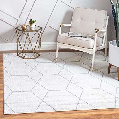 Picture of Unique Loom Trellis Frieze Collection Lattice Moroccan Geometric Modern Area Rug_TRF002, 7 Feet 10 Inch, Ivory/Gray