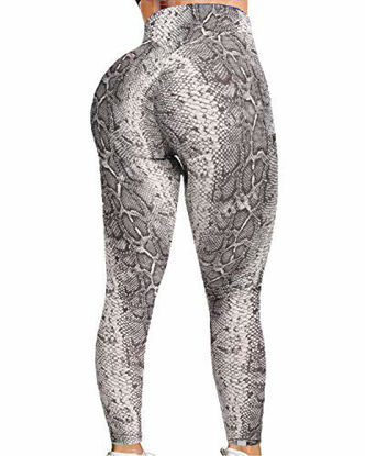 Picture of FITTOO Women's High Waist Yoga Pants Tummy Control Scrunched Booty Leggings Workout Running Butt Lift Bubble Textured Tights Snake Printed Large