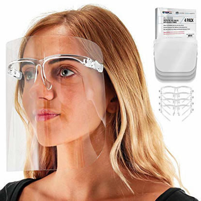 Picture of TCP Global Salon World Safety Face Shields with All Clear Glasses Frames (Pack of 4) - Ultra Clear Protective Full Face Shields to Protect Eyes, Nose, Mouth - Anti-Fog PET Plastic, Goggles