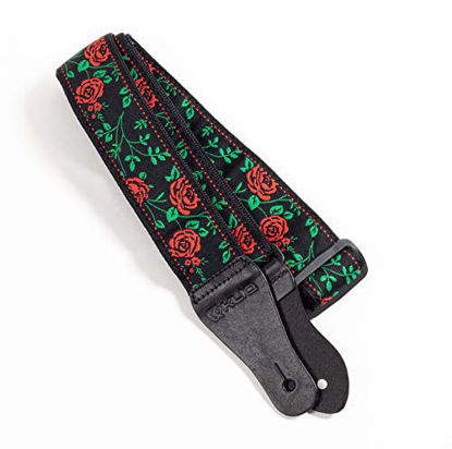 Picture of KLIQ Vintage Woven Guitar Strap for Acoustic and Electric Guitars | '60s Jacquard Weave Hootenanny Style | 2 Rubber Strap Locks Included, Red Rose