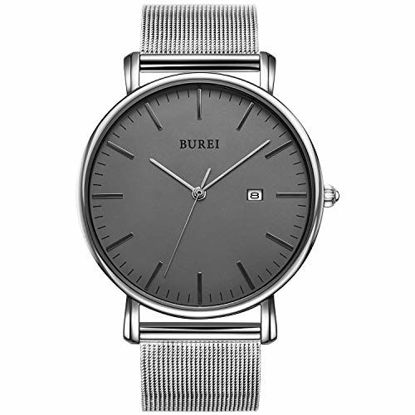 Picture of BUREI Men's Fashion Minimalist Wrist Watch Analog Deep Gray Date with Silver Stainless Steel Mesh Band (Gray Silver)