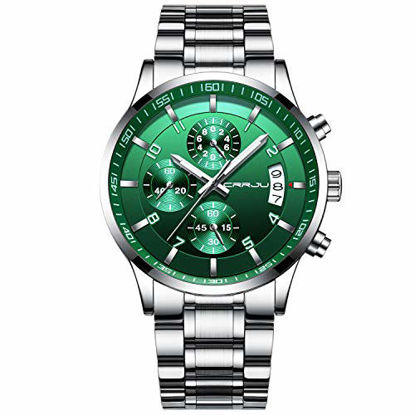 Picture of CRRJU Watches Men's Fashion Business Quartz Analog Auto Date Men Stainless Steel Band Waterproof Chronograph Sliver Green Dial Wrist Watch for Men