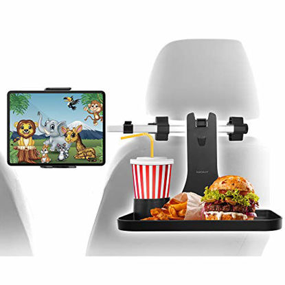 Picture of Macally Headrest Tablet Holder for Car with Table - Backseat Entertainment and Snacks for Kids - For Devices 4.5-10" Wide - 360° Rotatable iPad Car Mount with Folding Car Table and Extending Shaft