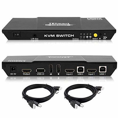 Picture of TESmart HDMI 4K@60Hz Ultra HD 2x1 HDMI KVM Switch 3840x2160@60Hz 4:4:4 with 2 Pcs 5ft KVM Cables Supports USB 2.0 Devices Control up to 2 Computers/Servers/DVR (Black)