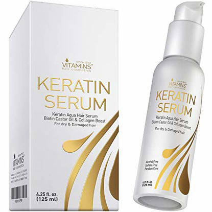 Picture of Vitamins Keratin Protein Hair Serum - Biotin and Collagen Anti Frizz Treatment with Castor Oil Softens and Repairs Frizzy Dry Damaged Hair - Heat Protectant with Shine and Gloss 4.25 Oz