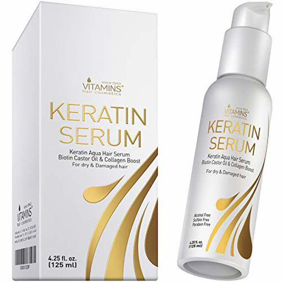 Picture of Vitamins Keratin Protein Hair Serum - Biotin and Collagen Anti Frizz Treatment with Castor Oil Softens and Repairs Frizzy Dry Damaged Hair - Heat Protectant with Shine and Gloss 4.25 Oz