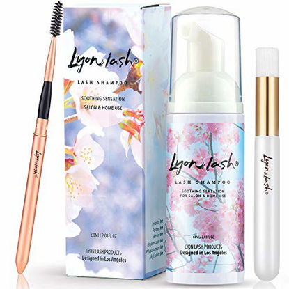 Picture of Eyelash Extension Shampoo 60ml + Brush + Mascara Wand - Lyon Lash Eyelid Foam Cleanser/Gentle Formula for Sensitive people/Paraben & Sulfate Free/Remove Eye Makeup & Oil & Dust/For Salon and Home Use