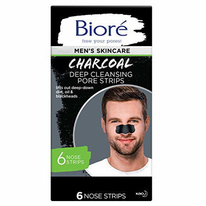 Picture of Bioré Men's Skincare Charcoal Deep Cleansing Pore Strips, 6 Nose Strips, for Blackhead Removal on Oily Skin, with Natural Charcoal for Instant Blackhead Removal and Pore Unclogging