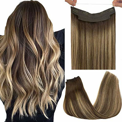 Picture of GOO GOO Halo Hair Extensions Human Hair Ombre Chocolate Brown to Honey Blonde 70g 14 Inch Hairpiece Natural Real Hair Extensions Flip in Hidden Crown Hair Extensions with Invisible Fish Line Straight