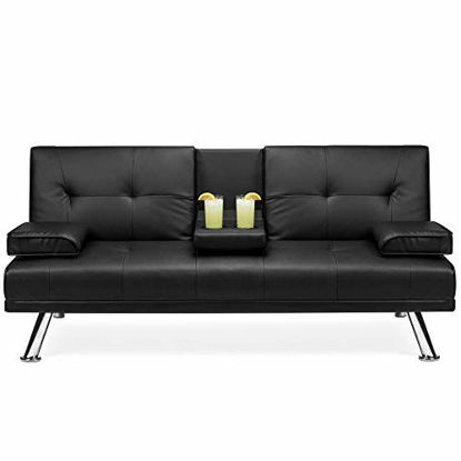 Picture of Best Choice Products Faux Leather Upholstered Modern Convertible Folding Futon Sofa Bed for Compact Living Space, Apartment, Dorm, Bonus Room w/Removable Armrests, Metal Legs, 2 Cupholders - Black