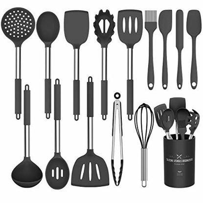 Picture of Silicone Cooking Utensil Set, Umite Chef 15pcs Silicone Cooking Kitchen Utensils Set, Non-stick Heat Resistant - Best Kitchen Cookware with Stainless Steel Handle - Black(BPA Free, Non Toxic)
