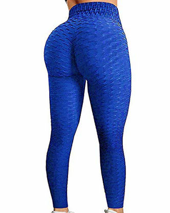 Picture of FITTOO Women's High Waist Yoga Pants Tummy Control Scrunched Booty Leggings Workout Running Butt Lift Textured Tights Peach Butt Blue(M)