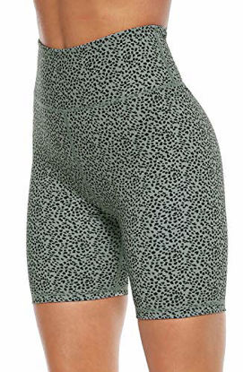 Picture of Persit Yoga Shorts for Women Spandex High Wasited Running Athletic Bike Workout Leggings Tight Fitness Gym Shorts with Pockets - Bean Green Leopard - M