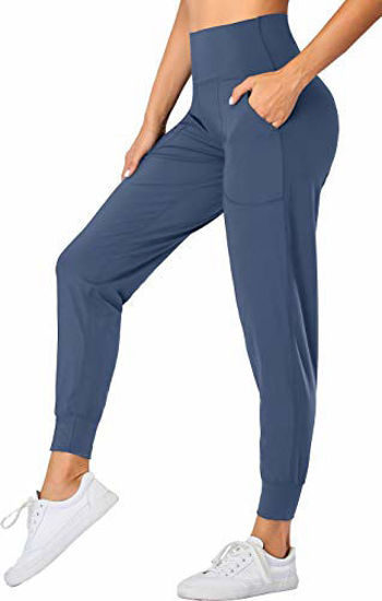 Oalka Women's Joggers High Waist Yoga Pockets Sweatpants Sport Workout  Pants Ink Blue M