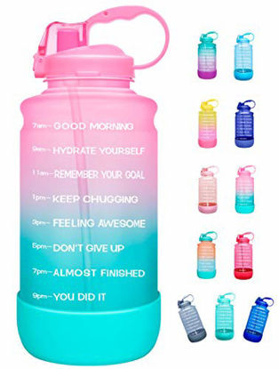 Picture of Elvira Half Gallon/64oz Motivational Time Marker Water Bottle with Straw & Protective Silicone Boot, BPA Free Anti-slip Leakproof for Fitness, Gym and Outdoor Sports-64oz-Light Pink/Green Gradient